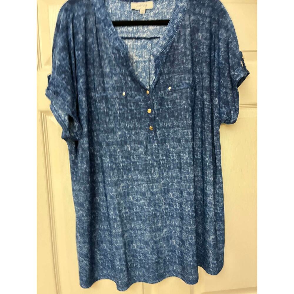 My Style Womens 3X Heathered Blue Tunic Top Roll Tab Short Sleeve Silver Butto